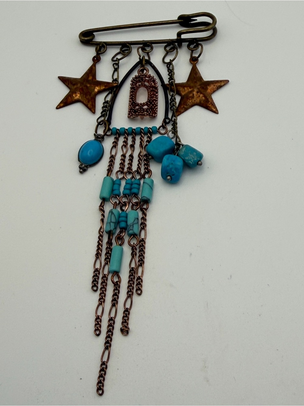 Southwest Faux Turquoise Star Dangle Copper Color Safety Pin Brooch